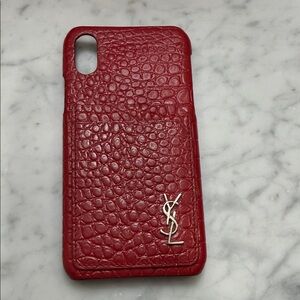 Saint Laurent Red Croc-Embossed Leather Phone Case with Silver YSL Logo